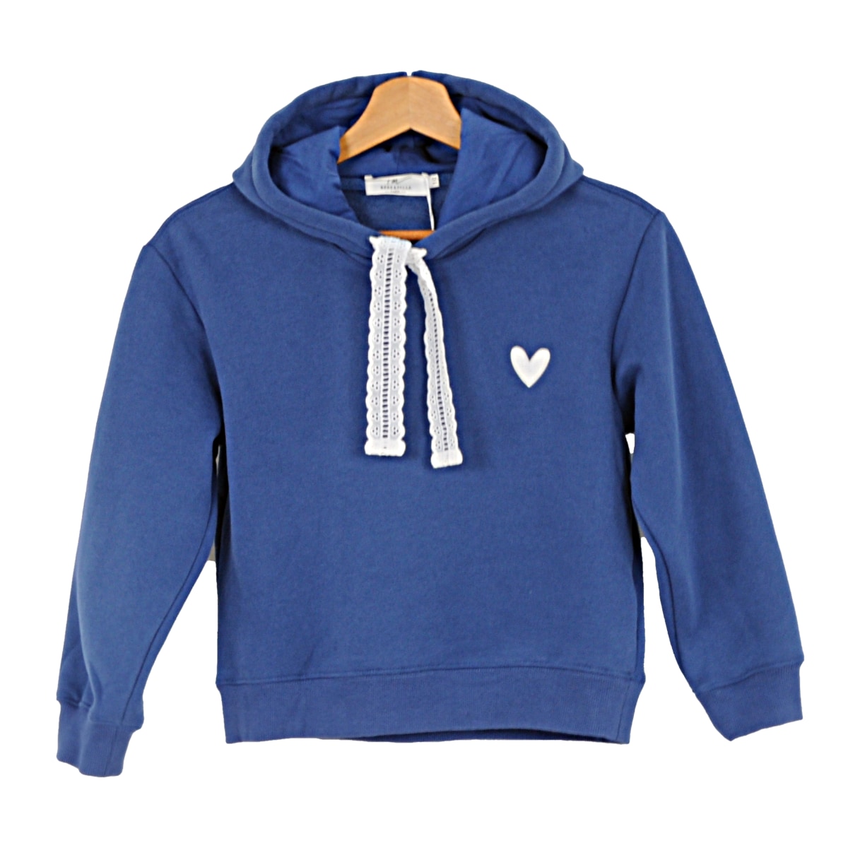 Sweat capuche bleu enfant avec broderie et cordon en dentelle