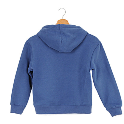 Sweat capuche bleu enfant avec broderie et cordon en dentelle