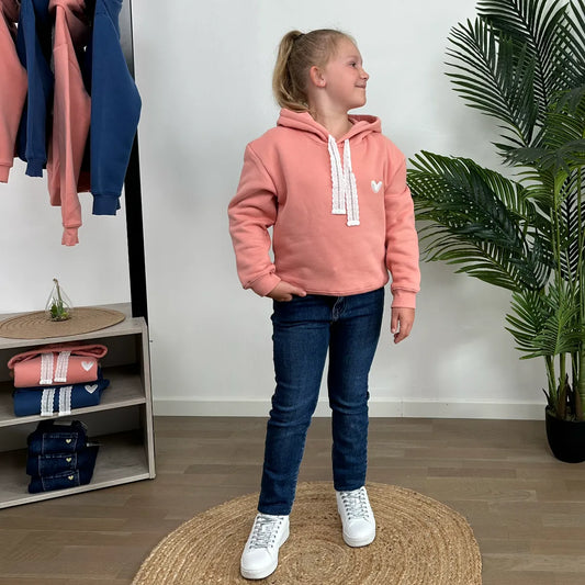 Sweat capuche rose enfant avec broderie et cordon en dentelle